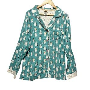 Munki Munki Womens Pajama Top XL Teal‎ Snowman Print Cozy Holiday Whimsy Lounge